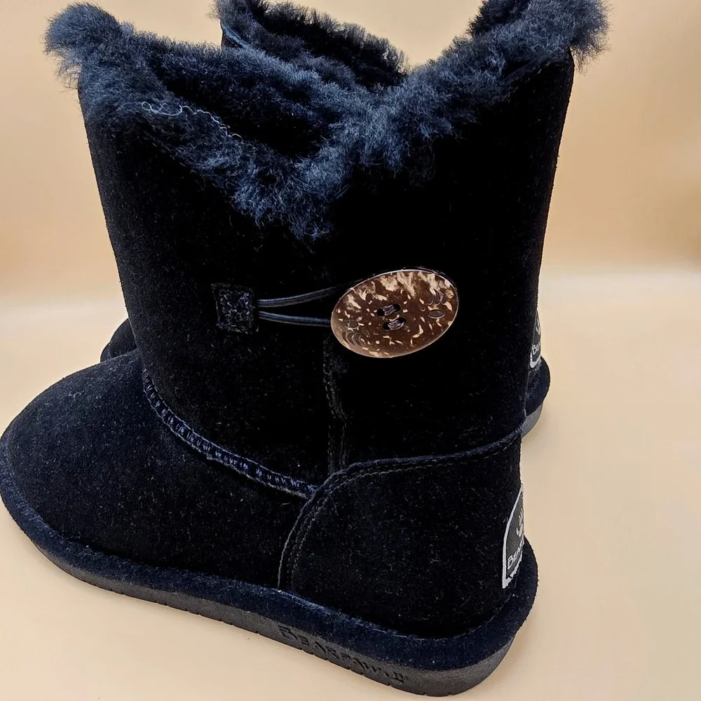 Bearpaw Rosie Black Suede Sheepskin Wool Fur Button Boots 1653W Womens 9